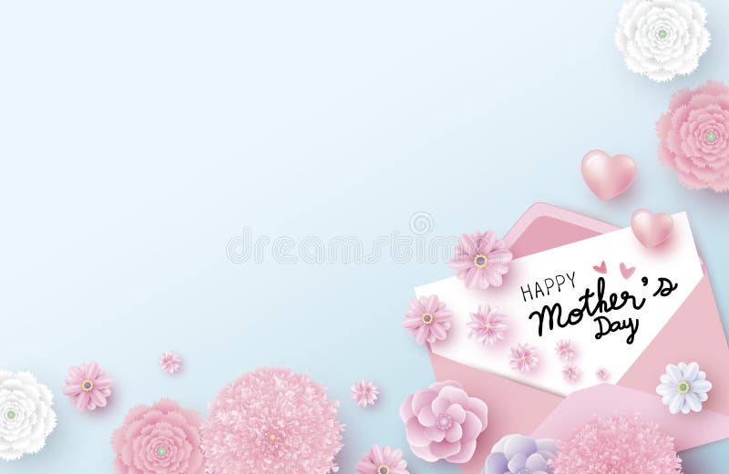 母亲节快乐在白皮书在信封和花的消息与心脏